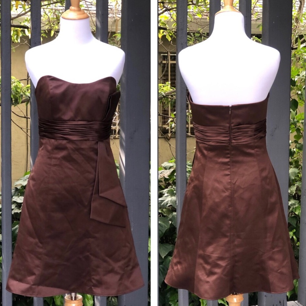 JS Boutique Y2K Strapless Satin Front Bowl Pleated Brown Party Cocktail Dress 4